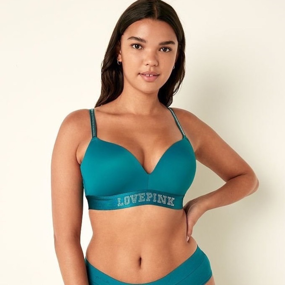 Victoria's Secret PINK Wear Everywhere Wireless Bra Teal Rhinestone Sparkle 36D